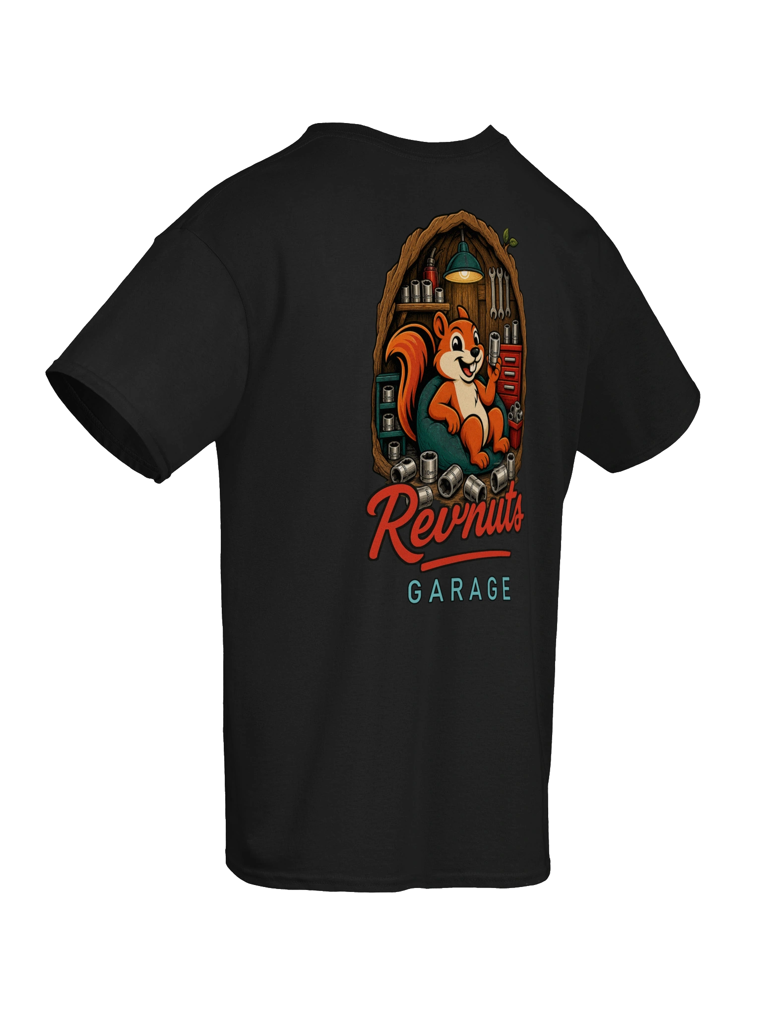 Black RevNuts 10mm Logo Tee featuring the squirrel mascot